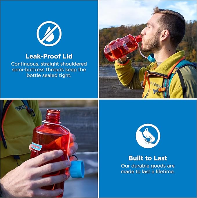 Nalgene 32 oz Narrow Mouth Water Bottle | BPA-Free, Durable & Leak Proof, Lightweight for Hiking & Gym – Thrill & Motion, Flame w/Blue Atoll