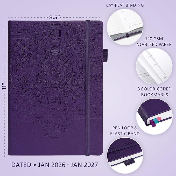Legend Hourly Schedule Planner PRO Dated Jan 2026-Jan 2027 – Deluxe Weekly & Daily Organizer with Time Slots. Appointment Book Journal for Work & Time Management, A4 Hardcover, Purple