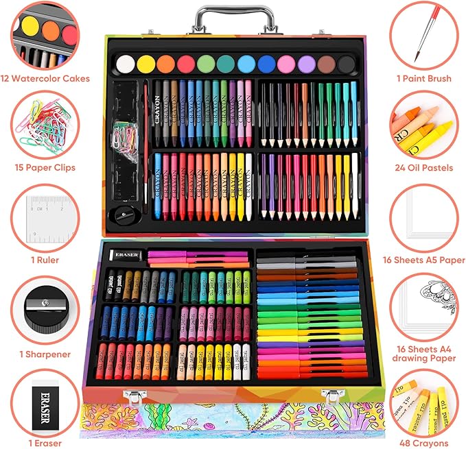 Soucolor Arts and Crafts Supplies, 183-Pack Drawing Painting Set for Kids Girls Boys Teens, Coloring Art Kit Gift Case: Crayons, Oil Pastels, Watercolors Cake, Colored Pencils Markers, Sketch Paper