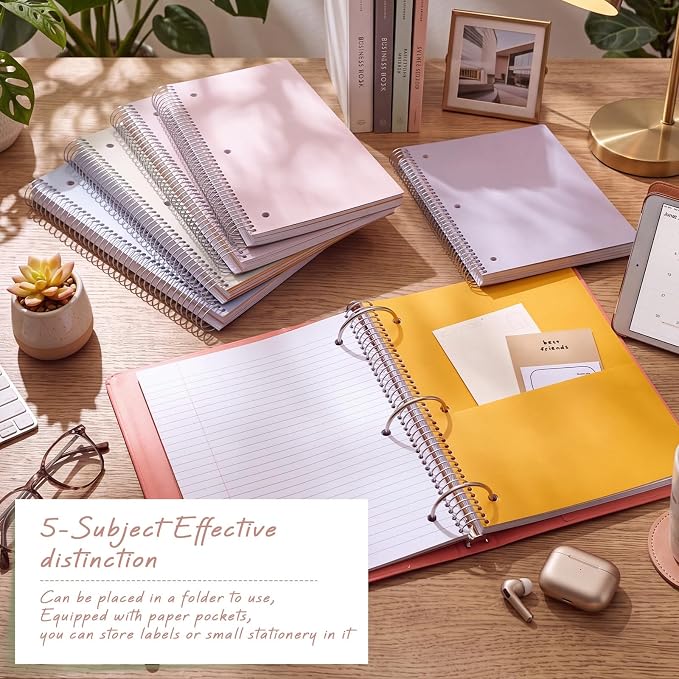 Qilery 6 Pack 5 Subject Notebook College Ruled with Hardcover 200 Sheets Thick Pages 8 x 10.5 Inch Spiral Journal Thick Notebook 3 Hole Assorted Colors Easy Tear Line Office(Taro Color)