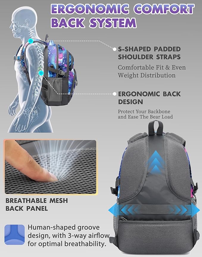 ProEtrade Extra Large Backpack Bookbag for College Laptop Travel, Fit Laptop Up to 17 inch with USB Charging Port Multi Compartment Anti theft, Gift for Women Men (Light Galaxy)