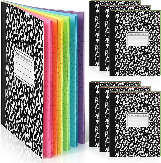 Henoyso 6 Pcs 120 Pages Colored Paper Notebooks 9.75" x 7.5" Rainbow Colors Lined Paper Notebook Wide Ruled Marble Notebooks Journals Bulk for Office School Supplies(Black Classic)