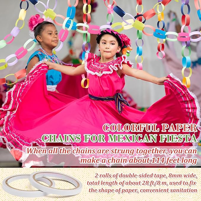 Lincia 600 Sheet Paper Chain Garland Strips 1x8 Inch with Double Sided Tape, DIY Construction Paper Chains for Birthday Wedding Holiday Party Decorations, Crafts Supplies (Mexican Festival)