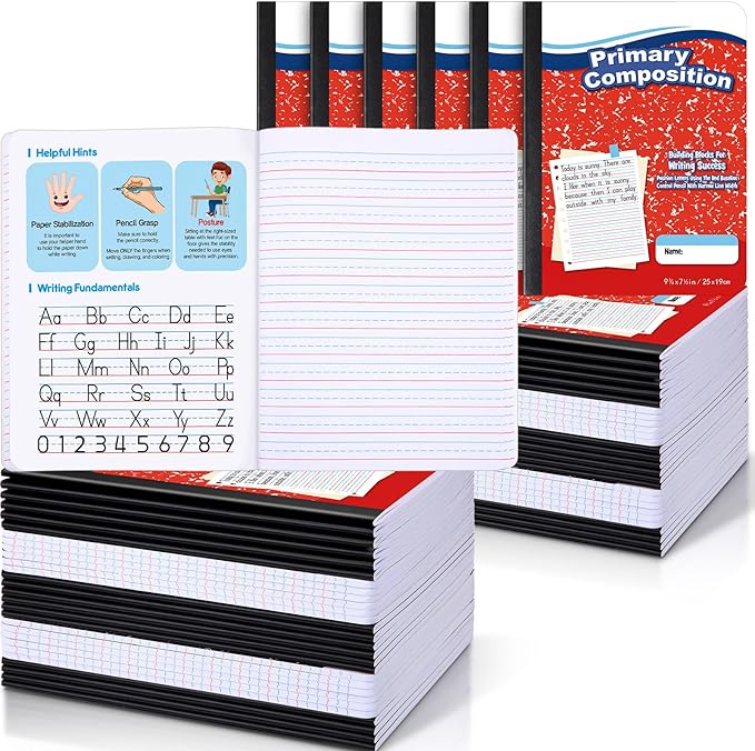 Watersay 60 Pack Primary Ruled Composition Notebook, Grade K-2 Journal 50 Sheets, 7-1/2" x 9-3/4" Primary Composition Book Writing Notebook for Kids Kindergarten Preschool 1st 2nd Grad (Red)