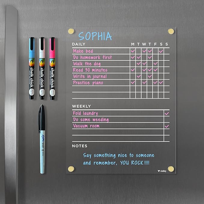 Magnetic Acrylic Chore Chart for Fridge 9” x 12”, Clear Wet Erase Refrigerator Task Board, Minimalist Routine Planning Board, Includes 4 Magnetic Markers, Silver Corner Magnets