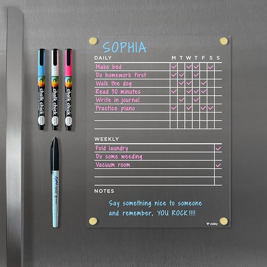 Magnetic Acrylic Chore Chart for Fridge 9” x 12”, Clear Wet Erase Refrigerator Task Board, Minimalist Routine Planning Board, Includes 4 Magnetic Markers, Gold Corner Magnets