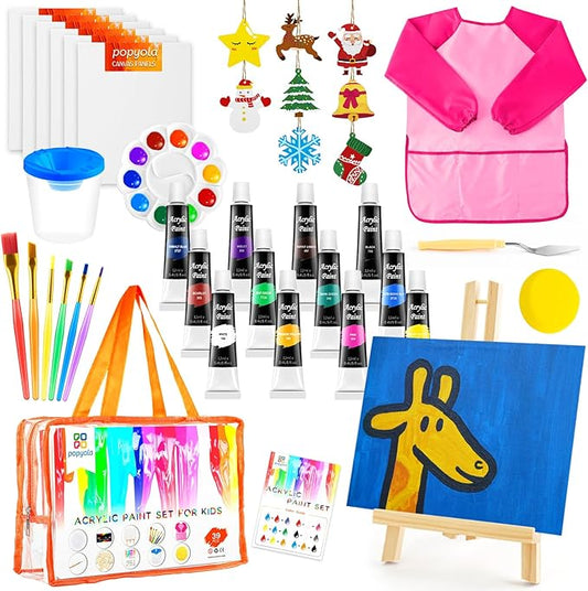 POPYOLA Acrylic Paint Set for Kids, Non Toxic Kids Painting Set with Tabletop Easel, Acrylic Paints, Smock, Canvases, Wooden Stencils, Brushes, Painting Kit Gift for Beginner Student Toddlers