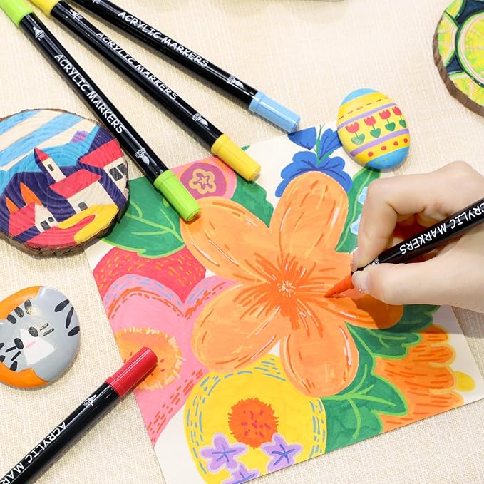 Recheel 30 Colors Acrylic Paint Markers, Dual Tip Fine and Brush Tips for Detailed Art, Crafting, Rock Painting, Wood, Glass, Ceramic, and More