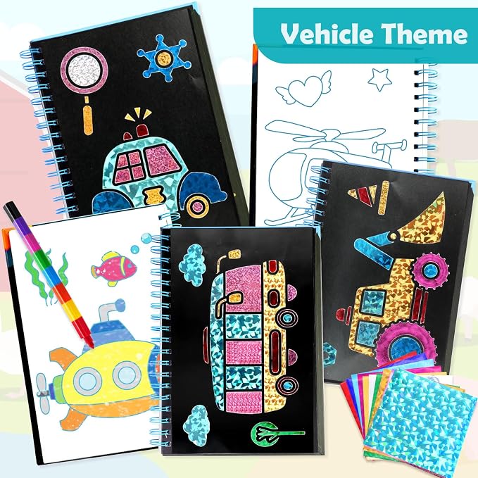 FUNNYB&G Foil Art Craft Kit for Boys 4-10 Years Old: Mess-Free & No-Glue, Create 16 Sparkly Vehicle Pictures – Perfect Travel Toy & Birthday Gift for Kids (Vehicle)