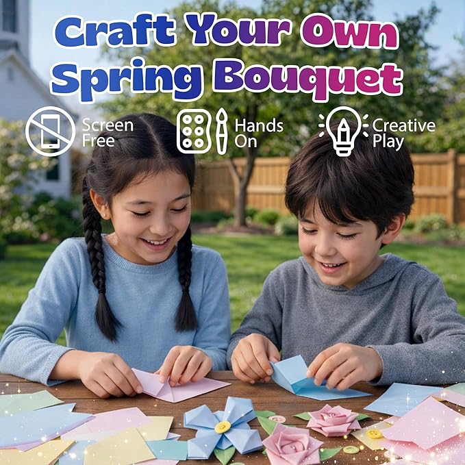 Pinwheel Crafts Flower Origami Kit for Kids Ages 8-12 | 150 Pcs Origami Paper Kit w/Spring Color Folding Papers,Easter Crafts, Chenille Stems,Buttons and Jewels, Arts and Crafts Paper Book for Kids
