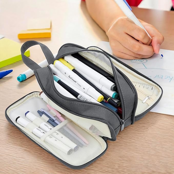 Pencil Case Pouch, Large Capacity Pencil Box Bag, Aesthetic Pen Organizer for School Supplies, Cute Preppy Stuff for Girls Boys Kids, Back to College Stationery, Grey