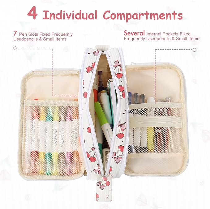 BuyCard Large Capacity Pencil Case, White With Pink Cherry Pattern, Corduroy Pencil Bag with Zipper Closure, Graduation Gift Office Stationery Storage Pen Pouch for Classroom Teacher