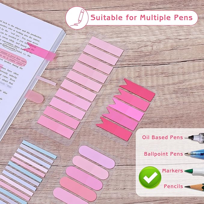 1100 Sheets Transparent Sticky Notes, Clear Waterproof 3 x 3 Sticky Notes with Pen, Translucent See-Though Note Tabs for Bible Study Book Annotation Kitchen Reminder (Pink)