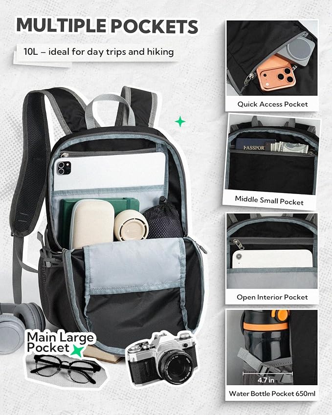 WATERFLY Small Packable Travel Backpack: 10L Ultra-Light Daypack for Adults | 9.2 oz,Water-Resistant Nylon,Breathable Mesh Straps,Reflective Strips,Emergency Whistle,Multi-Pockets,Hiking,Cycling,Commute