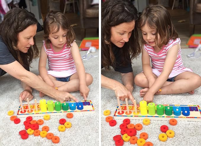 TOWO Wooden Stacking Rings and Counting Games with 45 Rings Number Blocks- Counting Ring Stacker-Wooden Sorting Counting Toy for 3 Years Old Kids Maths Learning Montessori Materials