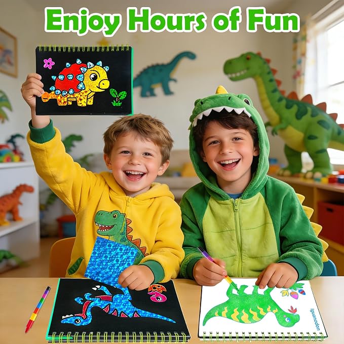 FUNNYB&G Foil Art Craft Kit for Boys 4-10 Years Old: Mess-Free & No-Glue, Create 16 Sparkly Dinosaur World Pictures – Perfect Travel Toy & Birthday Gift for Kids (Dinosaur World)