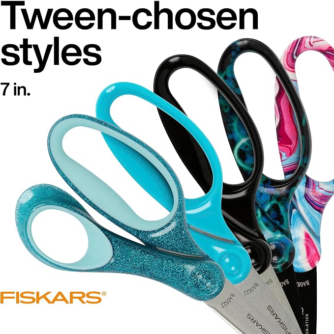 Fiskars 7" Student Scissors for Kids Ages 12-14 (3-Pack), Scissors for School or Crafting, Back to School Supplies, Purple, Blue and Turquoise