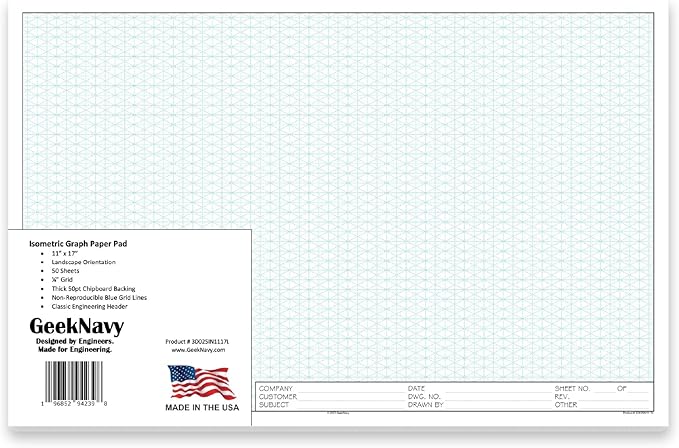 GeekNavy 11" x 17" Isometric Graph Paper 50 Sheets Landscape - 0.25" Grid, Non-photo Blue, High Brightness, Drafting, Engineering, Art, 3D Design (1-Pack)