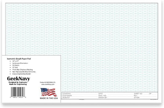 GeekNavy 11" x 17" Isometric Graph Paper 50 Sheets Landscape - 0.25" Grid, Non-photo Blue, High Brightness, Drafting, Engineering, Art, 3D Design (1-Pack)