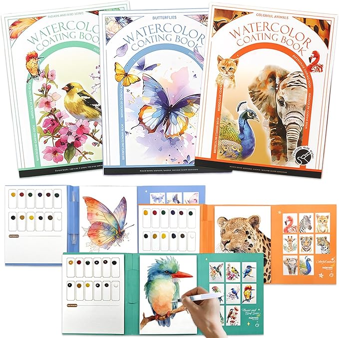 NaTuGi 3Pac Watercolor Workbook for Adults,Watercolor Coloring Book,Portable Watercolor Painting Books,Creative Stress Relief Kit,Suitable for Beginners Birthday Gift (Animal Series 3pc)