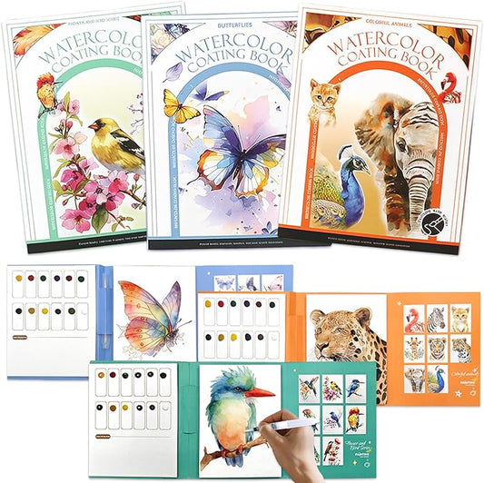 NaTuGi 3Pac Watercolor Workbook for Adults,Watercolor Coloring Book,Portable Watercolor Painting Books,Creative Stress Relief Kit,Suitable for Beginners Birthday Gift (Animal Series 3pc)