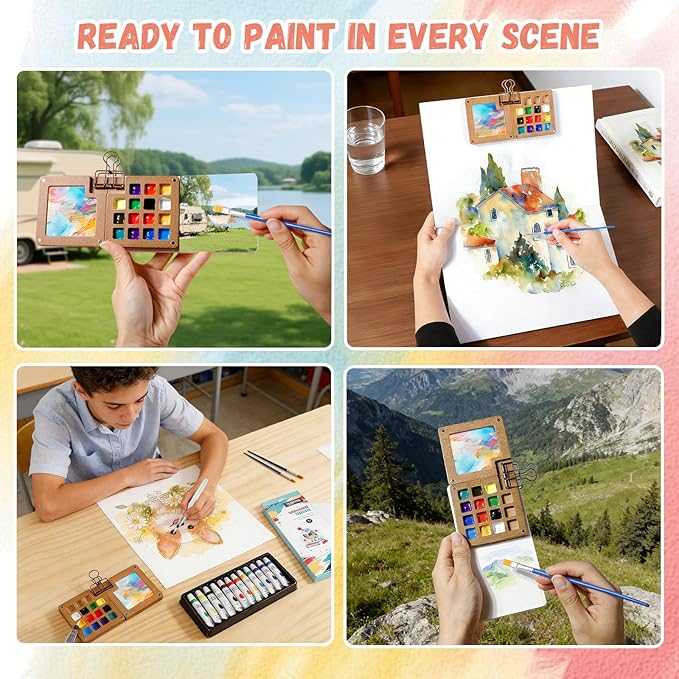 Watercolor Paint Set 12 Colors, 15-Compartment Mini Travel Watercolor Kit with 5 Brushes & Sketchbook, Portable Wooden Box with Color Storage Case for Plein Air & Urban Sketching