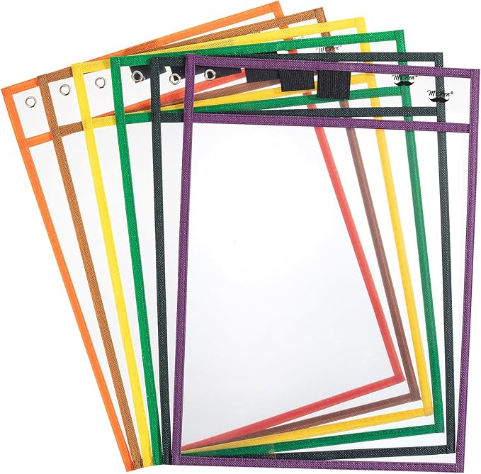 Mr. Pen- Reusable Dry Erase Pocket Sleeves, 10" x 14", 6 Pack, Multicolored Border, Clear Plastic Paper Sleeves, Ticket Holders, Clear Plastic Sheet Protectors, Teacher, School, Classroom Supplies