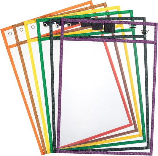 Mr. Pen- Reusable Dry Erase Pocket Sleeves, 10" x 14", 6 Pack, Multicolored Border, Clear Plastic Paper Sleeves, Ticket Holders, Clear Plastic Sheet Protectors, Teacher, School, Classroom Supplies