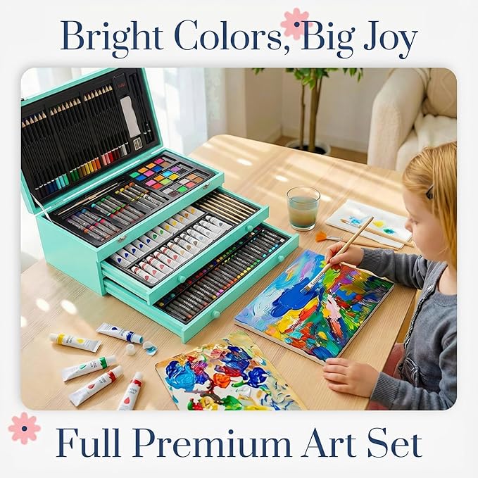 194 Piece Deluxe Art Set, Painting Drawing Art Supplies with 4 Drawing Pads, Acrylic Paints, Crayons, Colored Pencils Set in Wooden Case, Art Kit Gift Box for Kids, Teens, Adults, Artists, Beginners