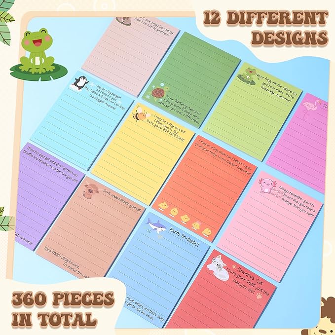 AmazingSpark 12 Pcs Cute Inspirational Sticky Notes, 4 * 3 Motivational Notepads Positive Emotional Support Gift Funny Lined Memo Note Pads for Office Desk Supplies Coworker Employee(Animals)