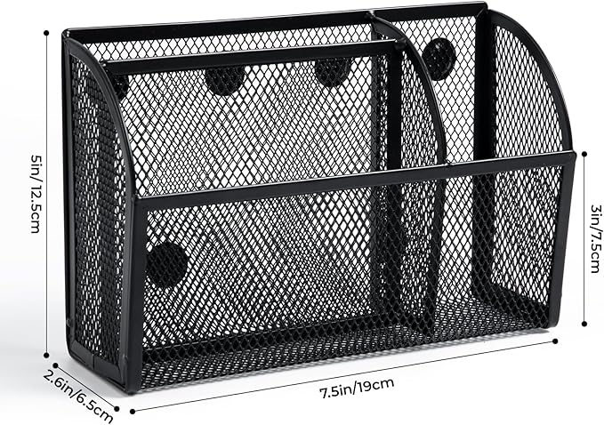 M&G Magnetic Pen Holder Dry Erase Marker Holder, Strong Magnet Metal Mesh Pencil Holder for Whiteboard, Refrigerator and Locker, 3 Compartments Magnetic Basket Organizer, Black