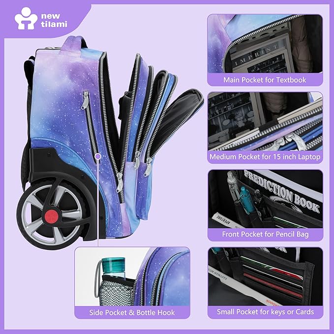 NEW TILAMI 20" Rolling Backpack for Teens Adults, Climbing Stairs Waterproof Backpack with Wheels for School Business Trave Camping with Laptop Compartment, Fit 17 Inch Laptop, Purple - Blue Fade