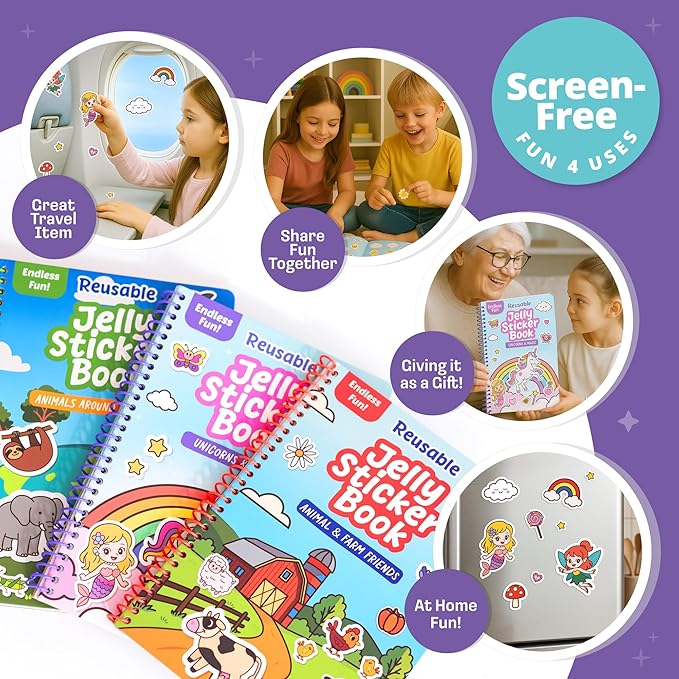 Unicorn Sticker Book - 50 Reusable Stickers for Girls - Unicorn Toys for Ages 3-5, No Mess Travel Toys & Road Trip Activities for Kids - Reusable Sticker Books for Toddlers 1-3 2-4, Litlte Girl Gift