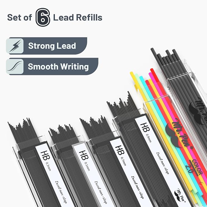 Mr. Pen- Metal Mechanical Pencil Set with Lead Refills & Erasers, 5 Pack | 5 Sizes, 0.3, 0.5, 0.7, 0.9 & 2mm, 6x Tubes HB, 2B & Colored Lead Refills for School Supplies, Note Taking, Fathers Day Gift