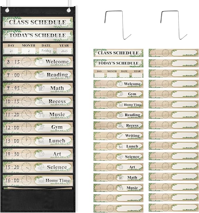 Grekos 13+1 Pocket Daily Schedule Pocket Chart, Visual Schedule for Kids,18 Double-Sided Blank Reusable Dry-Eraser Cards, Scheduling Pocket Chart for Classroom Supplies (Black)