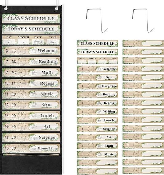 Grekos 13+1 Pocket Daily Schedule Pocket Chart, Visual Schedule for Kids,18 Double-Sided Blank Reusable Dry-Eraser Cards, Scheduling Pocket Chart for Classroom Supplies (Black)