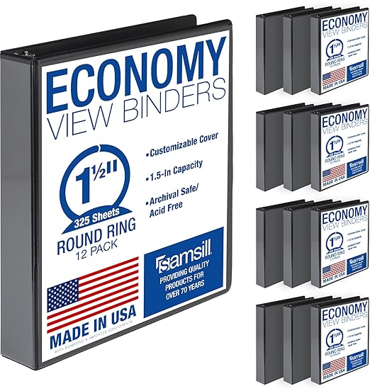 Samsill 1.5 Inch 3 Ring Binders, Economy Round Ring, Clear View Cover, 325 Sheet Capacity - for School, Home, Office - Black, 12 Pack