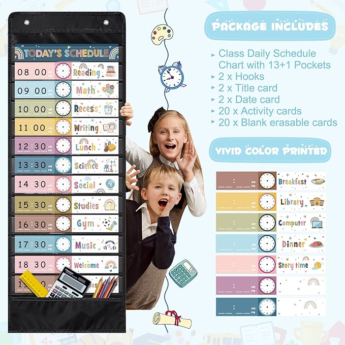 Boho Daily Schedule Pocket Chart for Classroom, 13+1 Pockets with 42 Designed Schedule Cards, Black Classroom Kids Daily Schedule Pocket Chart for Home Office Back to School Classroom Decorations