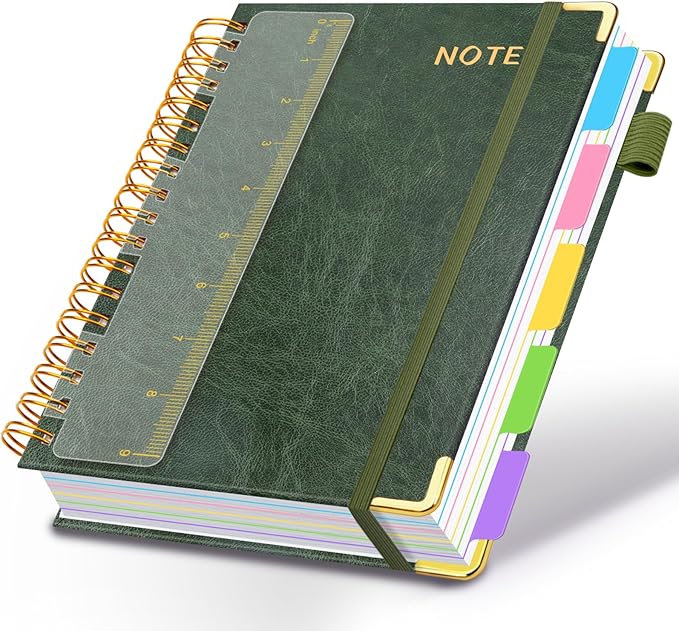 Hardcover Spiral Notebooks for Work 8''x 10'', 300 Pages 5 Subject Notebook with Dividers & Tabs, B5 Spiral Journal for Women, College Ruled Notebooks for School Note-Taking (Green)
