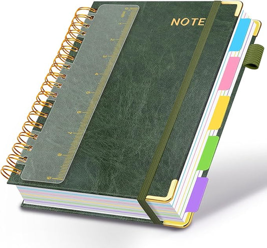 Hardcover Spiral Notebooks for Work 8''x 10'', 300 Pages 5 Subject Notebook with Dividers & Tabs, B5 Spiral Journal for Women, College Ruled Notebooks for School Note-Taking (Green)