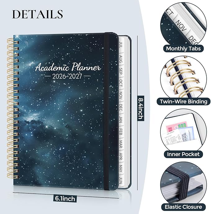 KONVINIT Academic Planner 2026-2027, Blue Daily Planner 2026 with Tabs for Student Teacher, 12 Months 2026-2027 Monthly Planner - July. 2026 to June. 2027, A5 (6.1" x 8.5") Week Planner 2027 for Home, Office, School Supplies, Starry Print