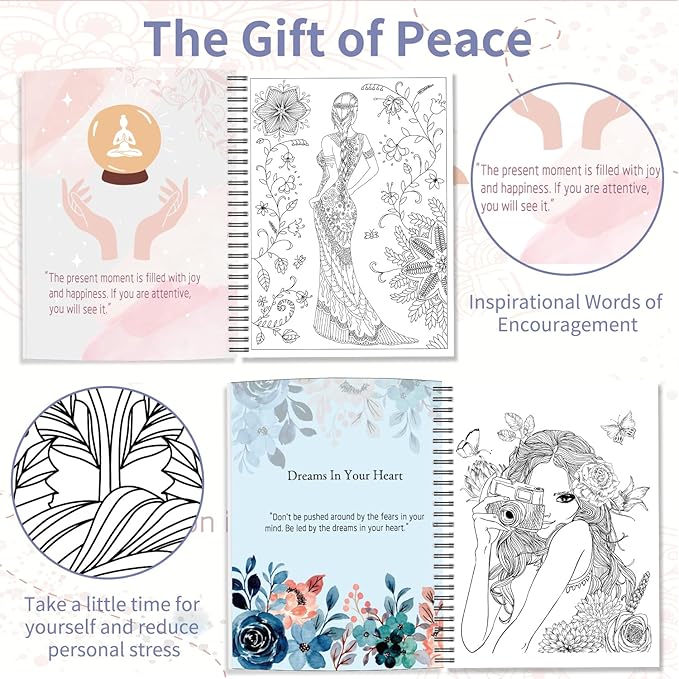 Kalysky Adult Coloring Book for Women,2Pack Mindfulness Coloring Books for Adults Relaxation Anxiety and Depression,Spiral Bound,Relaxation Arts and Crafts for Women