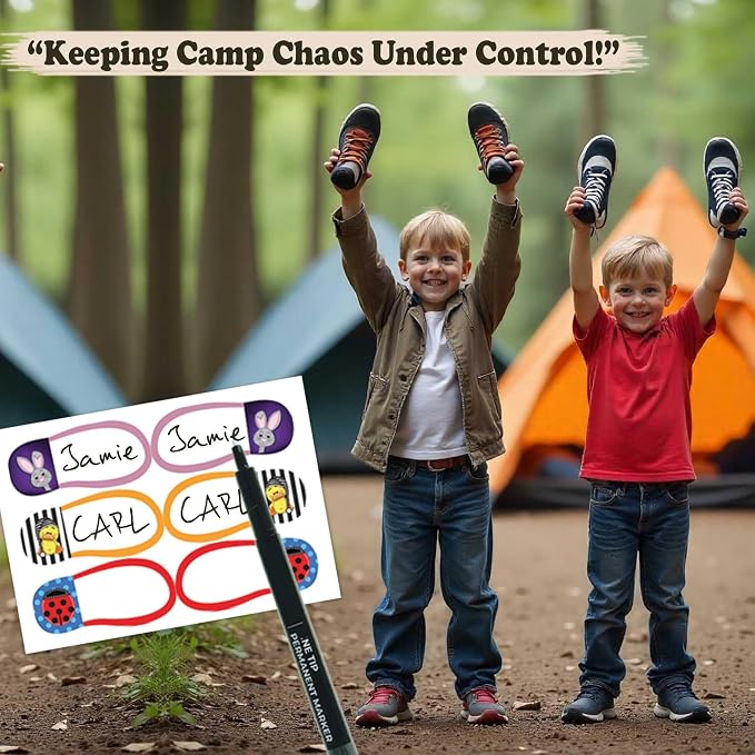 Camp Essentials Label Pack - 252 Waterproof Name Labels for Kids, Name Stickers, Bag Tags & Clothing Labels for Kids Camp, Iron on Tags for Clothing & No Iron Washable Fabric Sticker for Clothes