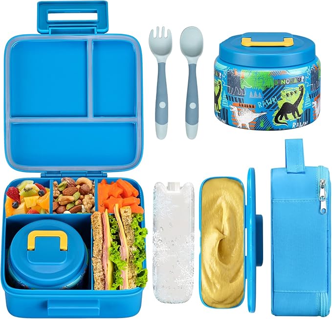 JXXM Bento Lunch Box for Kids With 8oz Soup thermo,Leak-proof Lunch Containers with 5 Compartment,thermo Food Jar and Lunch Bag, Food Containers for School (A-Blue(Dinosaur))
