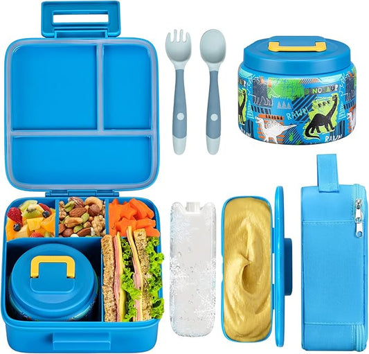 JXXM Bento Lunch Box for Kids With 8oz Soup thermo,Leak-proof Lunch Containers with 5 Compartment,thermo Food Jar and Lunch Bag, Food Containers for School (A-Blue(Dinosaur))
