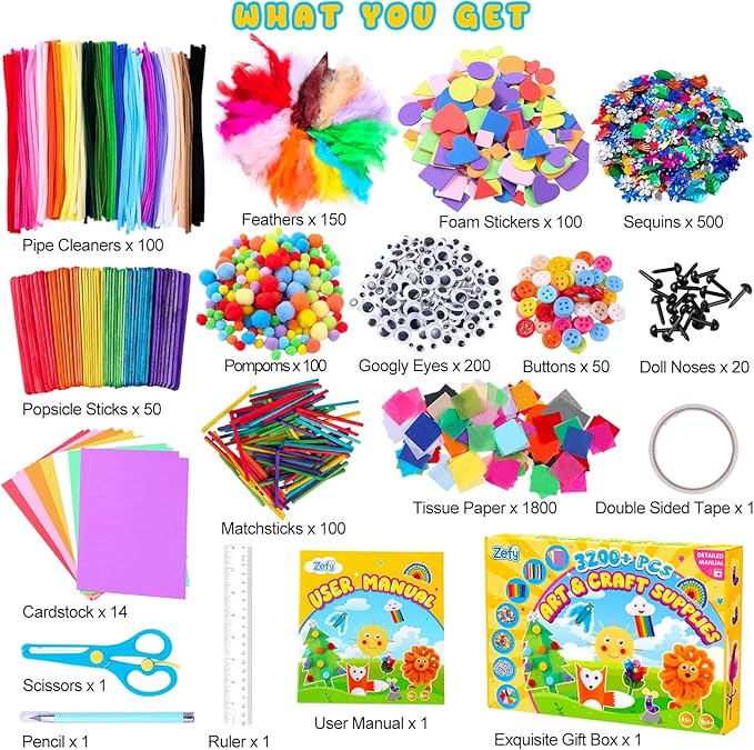 Zefy 3200+ Pcs Arts and Crafts Supplies for Kids, All in One Craft Kits with 12 Crafts Design, DIY School Supplies Kit Craft Box Easter Gifts for Girls Boys Ages 4-12