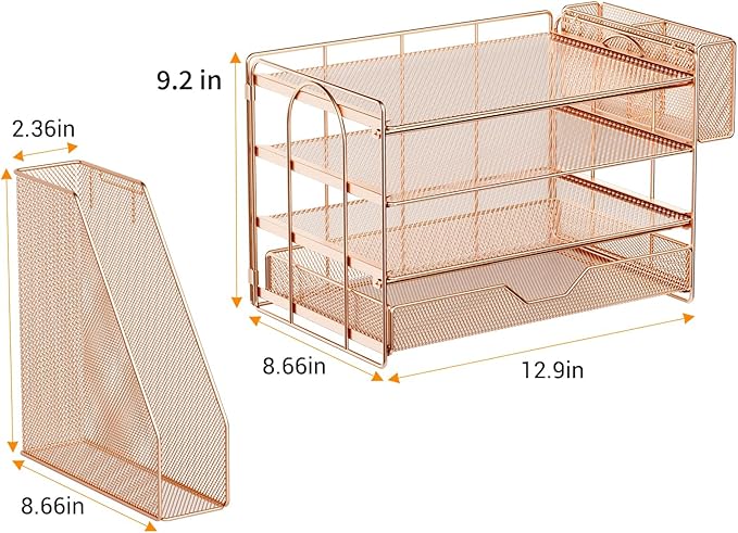 OPNICE Desk Organizer with Drawer & Pen Holder, Office Desk Accessories and Office Decor for Women, 4-Tier Paper Tray File Organizer for Home Office Workspace Supplies, Rose Gold