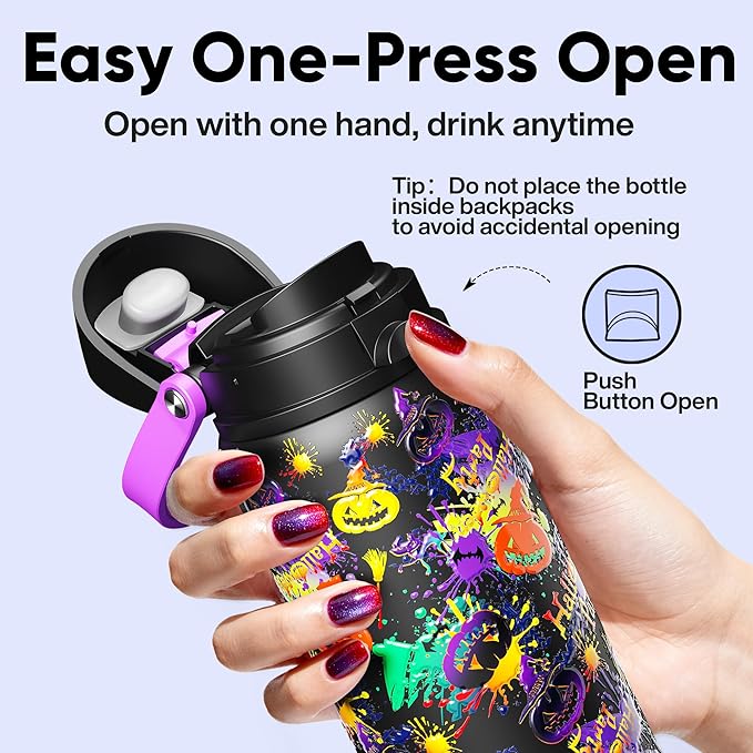 Insulated Water Bottle with Straw - Encool Stainless Steel Water Bottle with Push Button Lid, Leak-Proof & BPA-Free, Keeps Cold for 24 Hours for Sports, Travel, Gym (32 oz, Ghost Party)