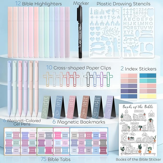 53 Pcs Bible Study Supplies, Bible Study Kit Journaling Supplies with 12 Bible Highlighters No Bleed and Tabs, 6 Pens, 6 Bookmarks, Books of the Bible Sticker and More, Christian Gifts for Women