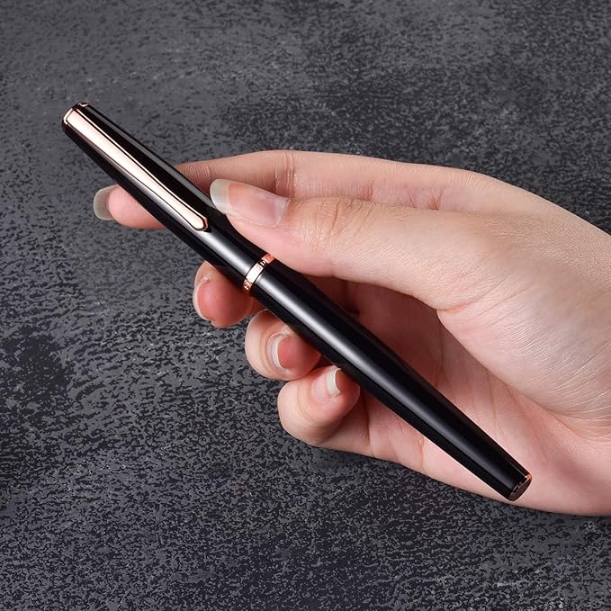 HongDian 920 Black Metal Fountain Pen, Rose Gold Plated Fine Nib Smooth Writing Pen, Classic Pen with Ink Converter